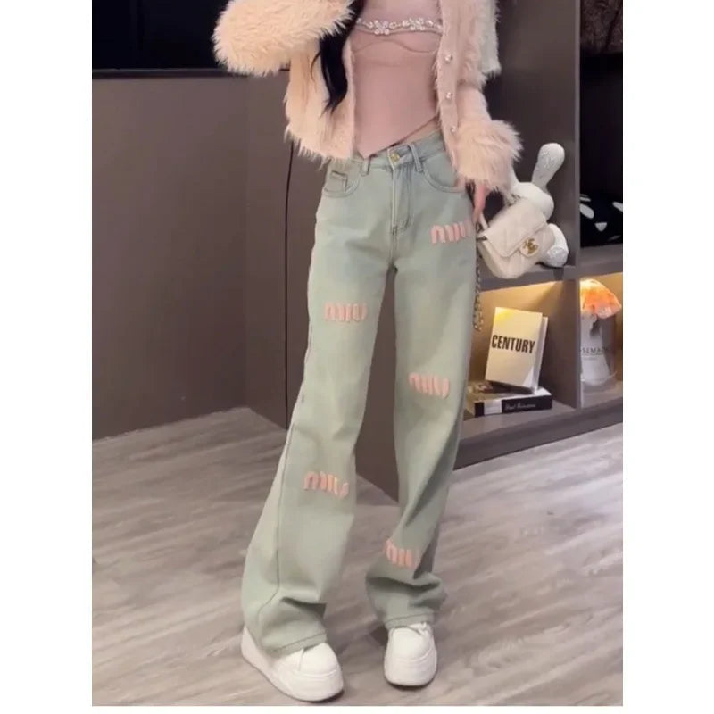 2024 Korean Style Casual Jeans For Women Spring Summer New Slimming Bell Bottoms Design Sensibility Straight-leg Pants Trendy