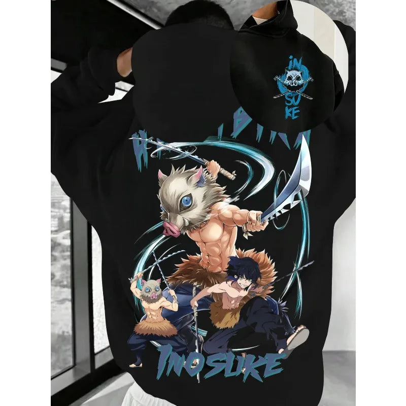 Harajuku Japan Anime Demon Slayer Men Women Hoodies Plus Size Sweatshirt Retro Inosuke Hashibira Unisex Long Sleeve Pullover