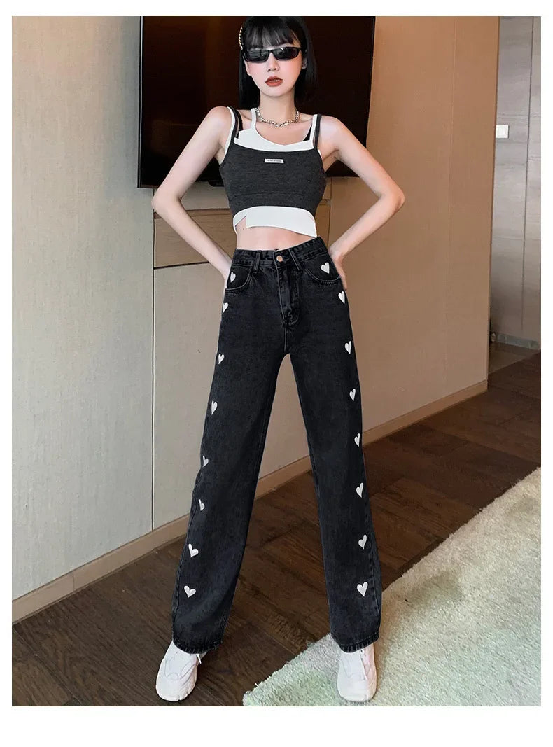 2024 New Style High-waisted Slimming Wide-leg Jeans Women's Straight-leg Loose-fit Heart Embroidery Draped Trailer Pants