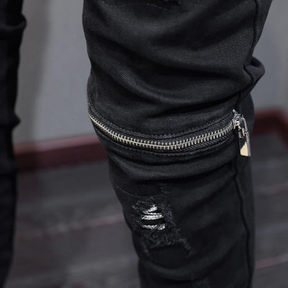 Men Jeans Black Stretch Skinny Punk Trousers Elastic Ripped Jeans