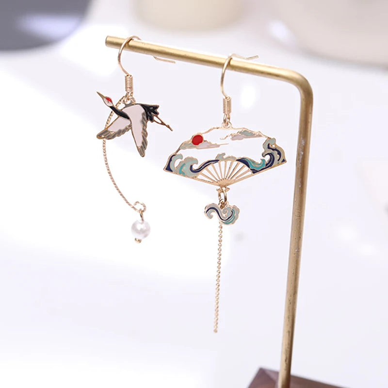 Folding Fan Crane Dangle Earrings For Women