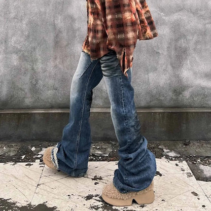 High Street Frayed Washed Blue Dirty Flare Jeans Pants for Men