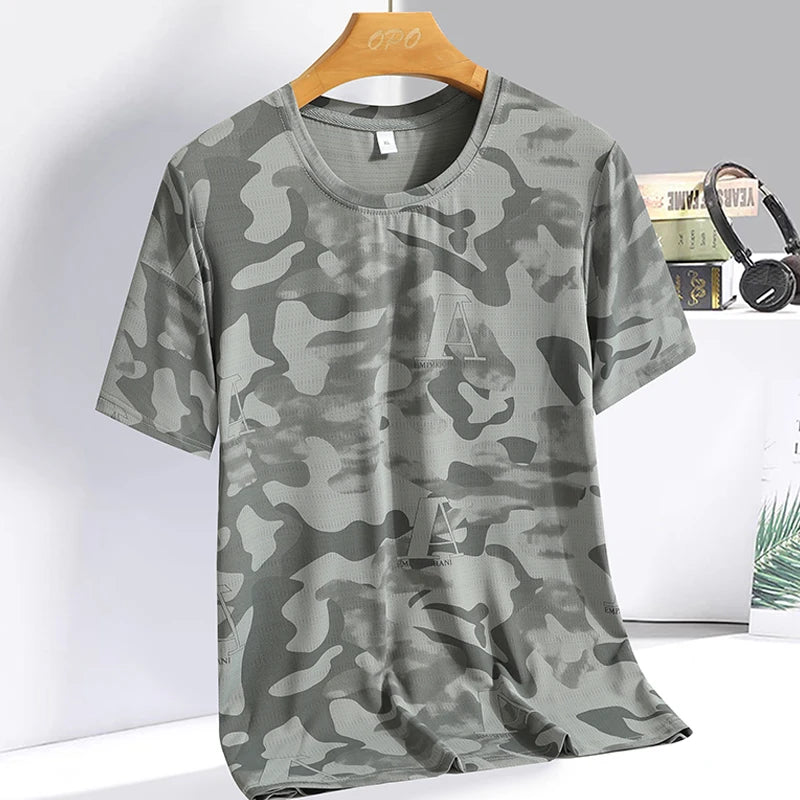 T-shirt d'été 2023 en soie glacée, camouflage personnalisé, style européen, américain, britannique, séchage rapide, manches courtes