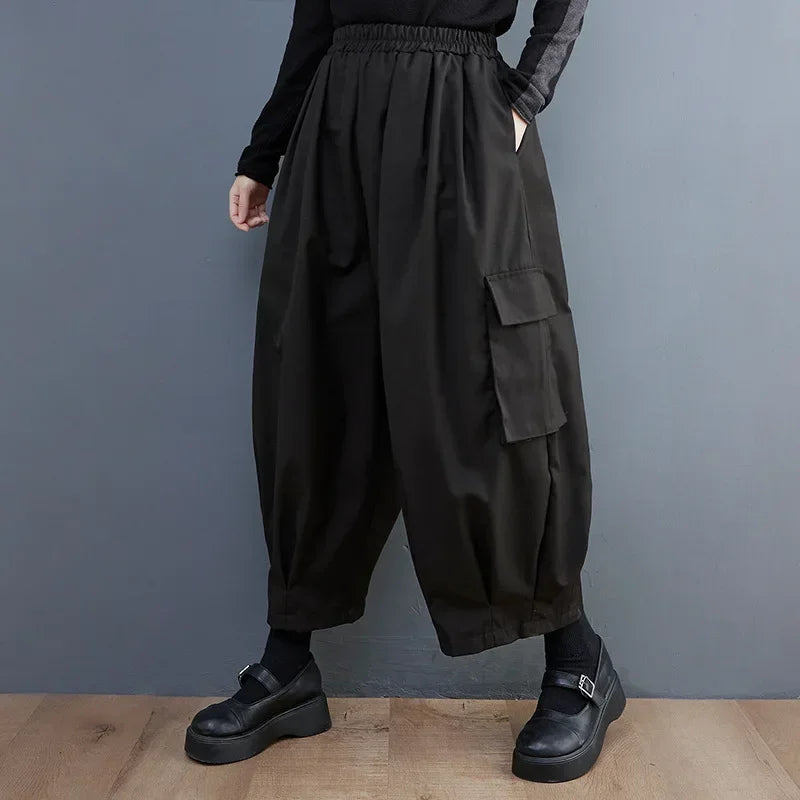 Black Vintage High Elastic Waist Oversized Cargo Pants