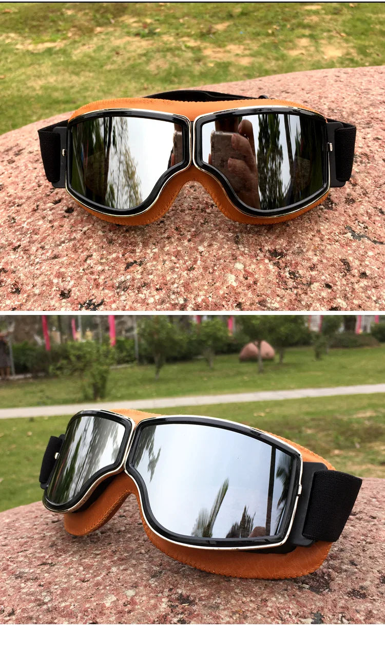 Best Selling Vintage Goggles Motorcycle Leather Goggles Glasses Cruiser Folding Goggles Newest Sunglasses Motocross Safety