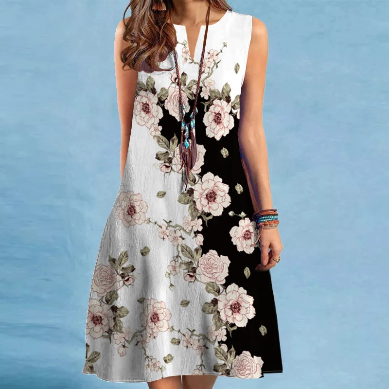 Women's New Dress V-neck Sleeveless Printed Large Hem Foreign Trade Dress