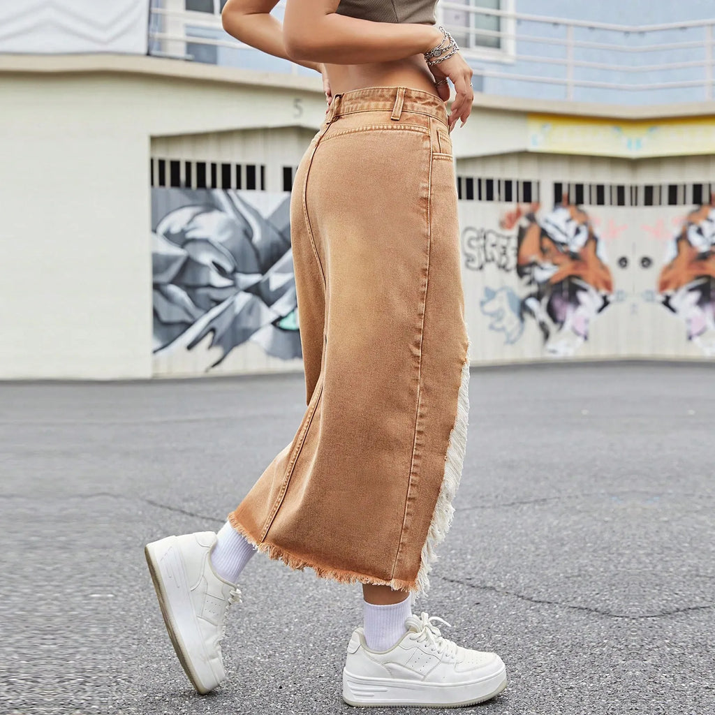 Women'S High-Waisted Denim Slim-Fit Skirt With Side Slits Tassels And Light Blue Raw Edges With Irregular Pockets Fashionable