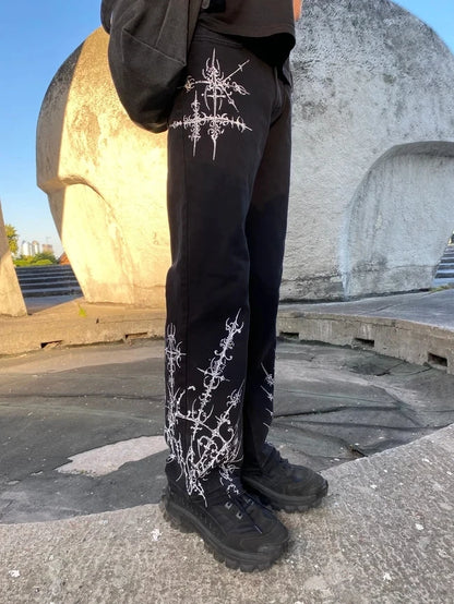 Y2K Jeans for Men Personalized Ink Print Casual Wide Leg Black Jeans