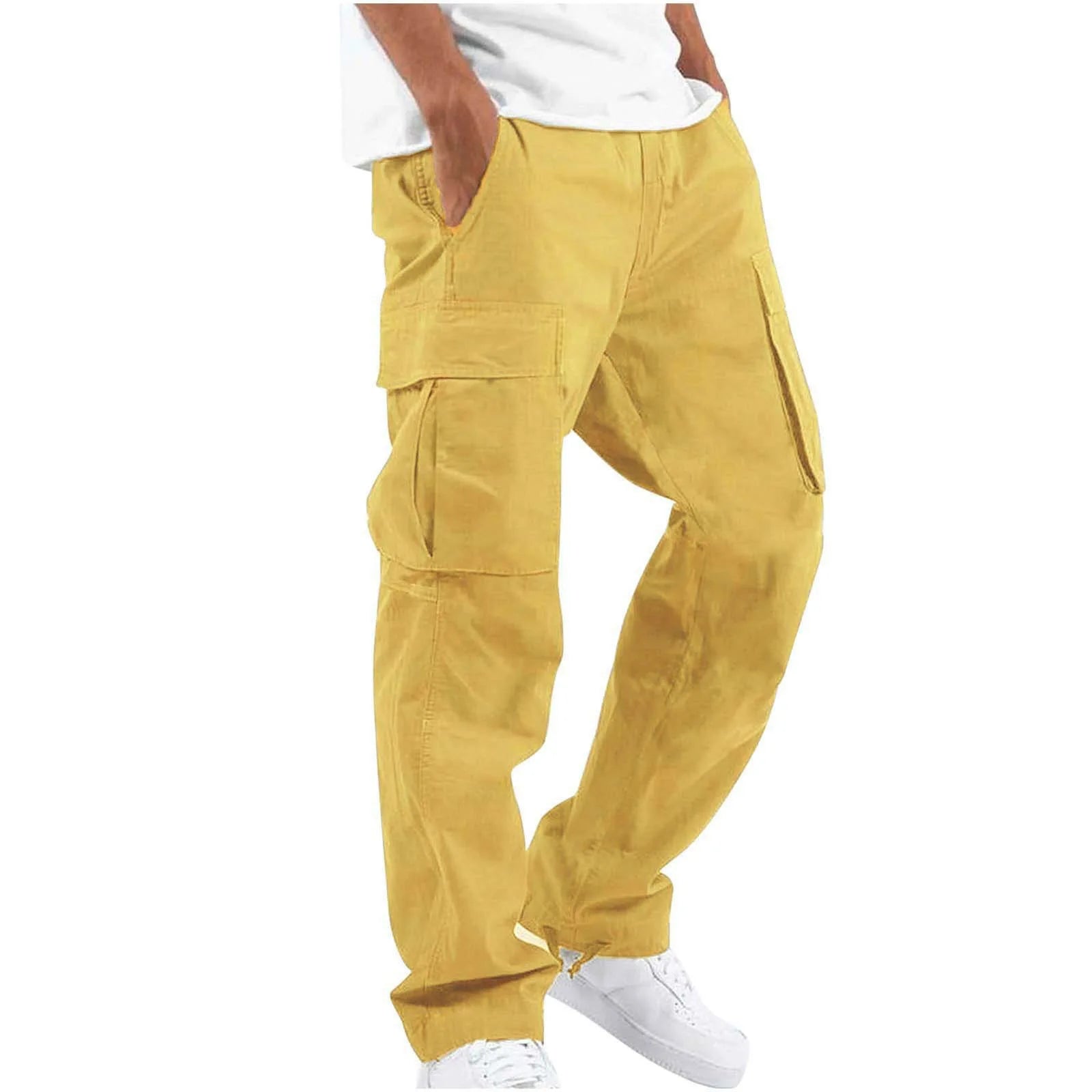 Cargo Pockets Casual Male High Elastic Waist Pocket Wide Leg Trousers
