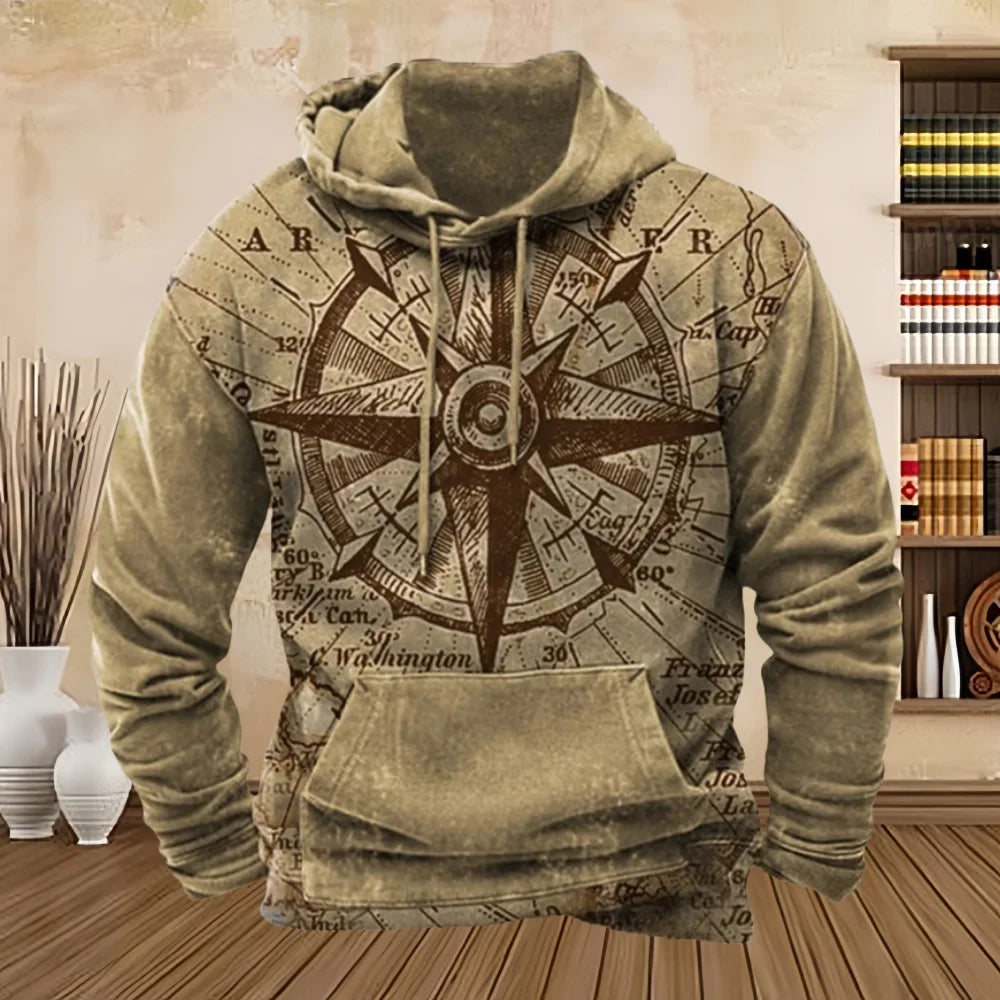 Vintage Compass Graphic Hoodies for Men Long Sleeve Pullover Sweatshirt Tops Full Print Vintage Hoodie Streetwear Men's Clothing