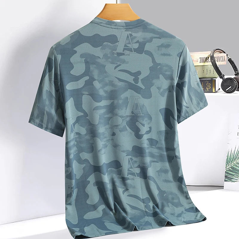 T-shirt d'été 2023 en soie glacée, camouflage personnalisé, style européen, américain, britannique, séchage rapide, manches courtes