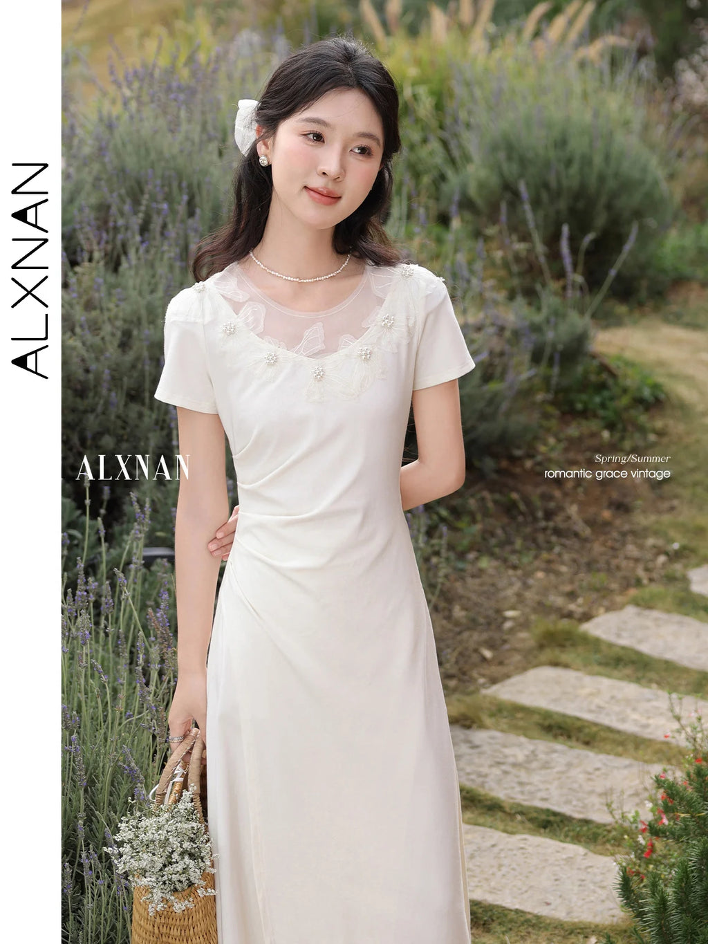 ALXNAN Women's Dress Long Elegant Holiday Party Dress 2025 Summer Pearl Beaded Lace Patchwork Design Chic Casual Clothing L55219