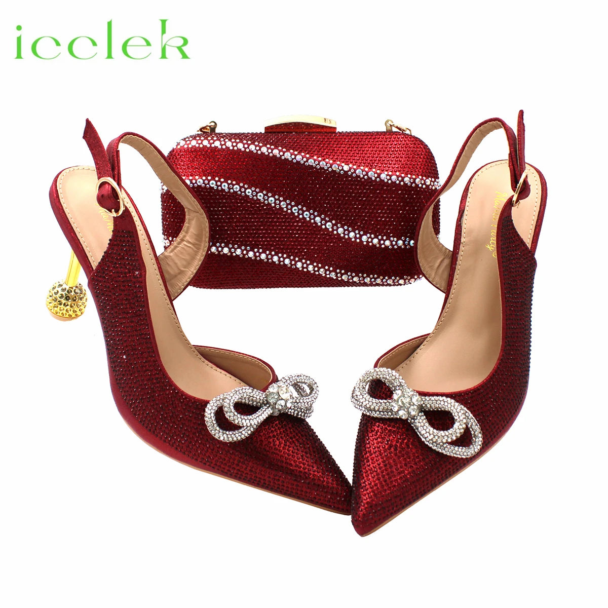 Wine Color Crystal Decoration Style Round Heels Friends Party Sandals and Bags