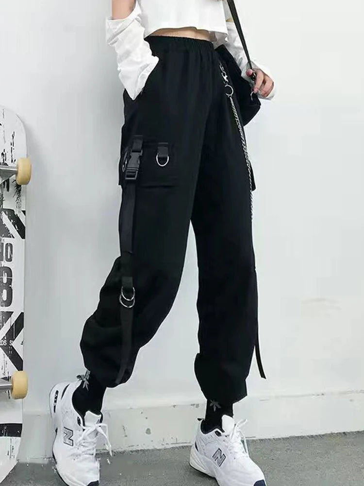 ZOKI Gothic Women Cargo Pants Black Joggers High Waisted Harajuku Harem Pants