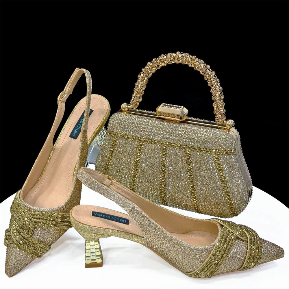 Women Shoes and Bag Set Champagne Color Rhinestone Handbag