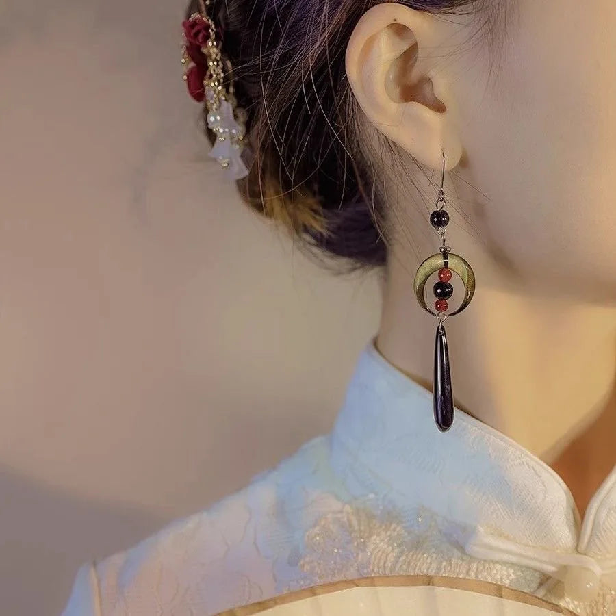 Steel Fun Jewelry HanFu Moon Pendent Long Tassel Earrings for Women