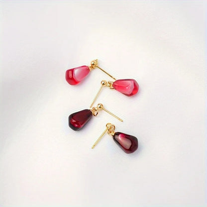 Creative Red Pomegranate Seed Pendant Golden Ear Studs