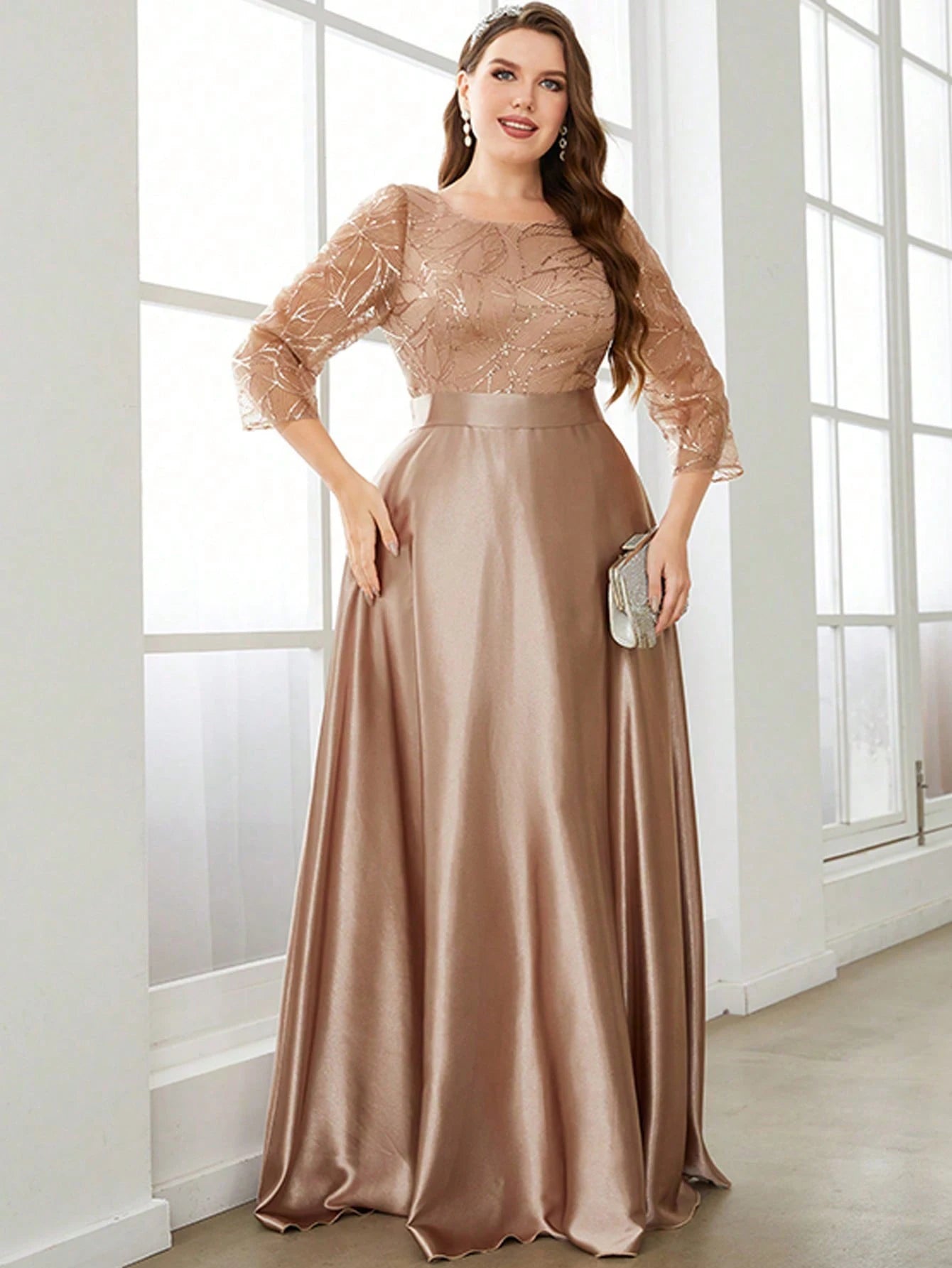 Crew neck long sleeve sequin patchwork satin long gown ball dress