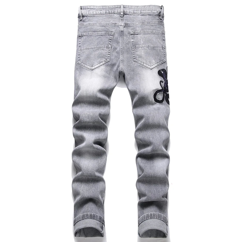 Men Snake Embroidery Gray Denim Jeans Holes Ripped Stretch Pants