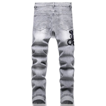 Men Snake Embroidery Gray Denim Jeans Holes Ripped Stretch Pants