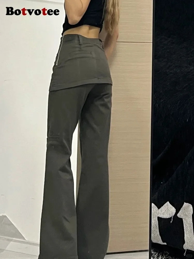 Botvotee Streetwear Fake Two-Piece Plus size Wide Leg Jeans for Women 2025 New Y2k Fashion High Waisted Flare Denim Pants