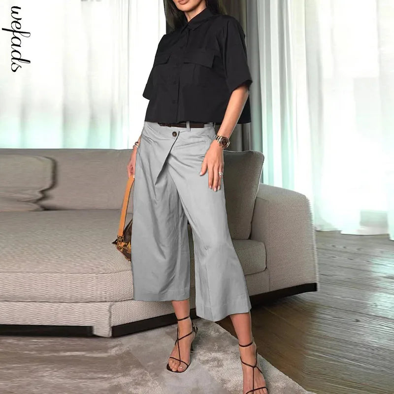 Wefads 2 Piece Set Women Summer Casual Solid Lapel Single Breasted Button Short Sleeve Top Loose Irregular 8-Point Pants Sets