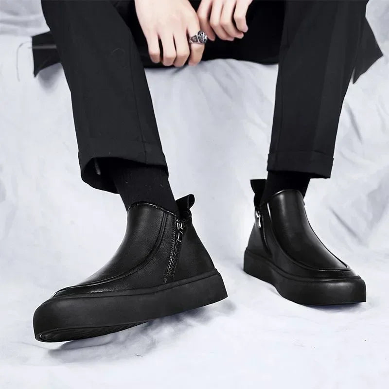 Black Men's Ankle Boots Luxury Designer Men Boots Platform Zipper High-Top Casual Shoes Versatile Comfortable Leather Shoes New