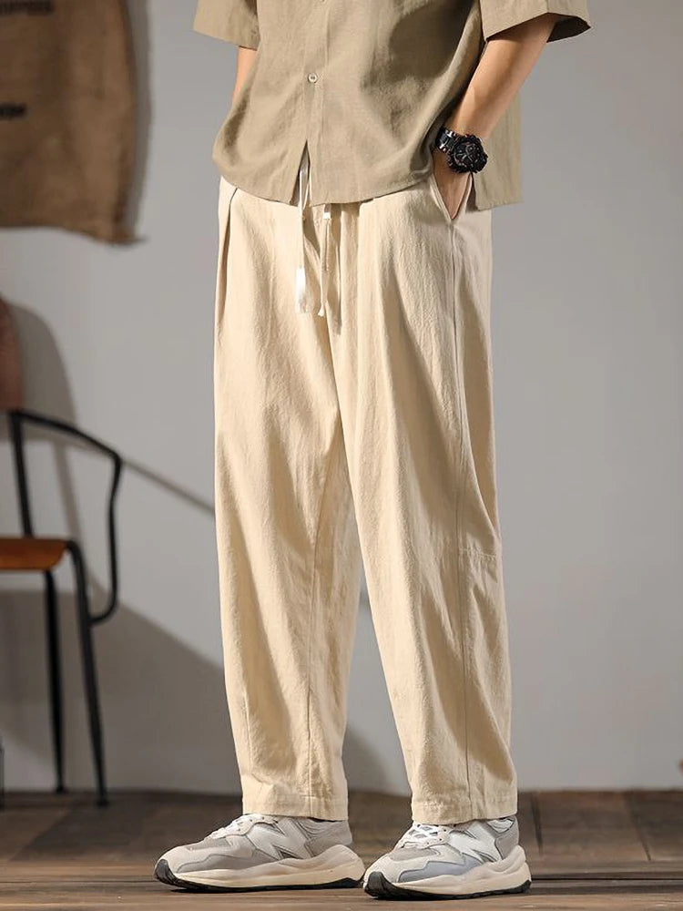 Japenese Cotton Linen Pants Men Summer Straight Casual Ice Silk Sweatpants Male Wide leg Oversize Linen Trousers 2024 New