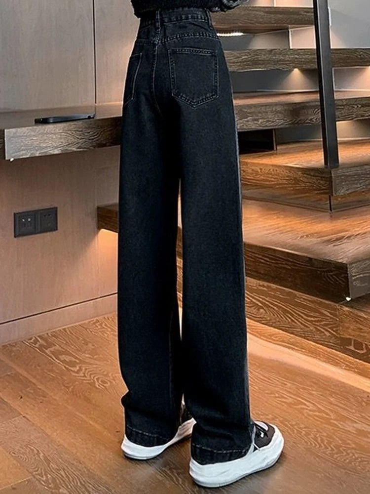 Woman High Waist Jeans Lady American High Street Patchwork Straight Leg Pants Girls Black Gray Contrast Color Wide Leg Trousers