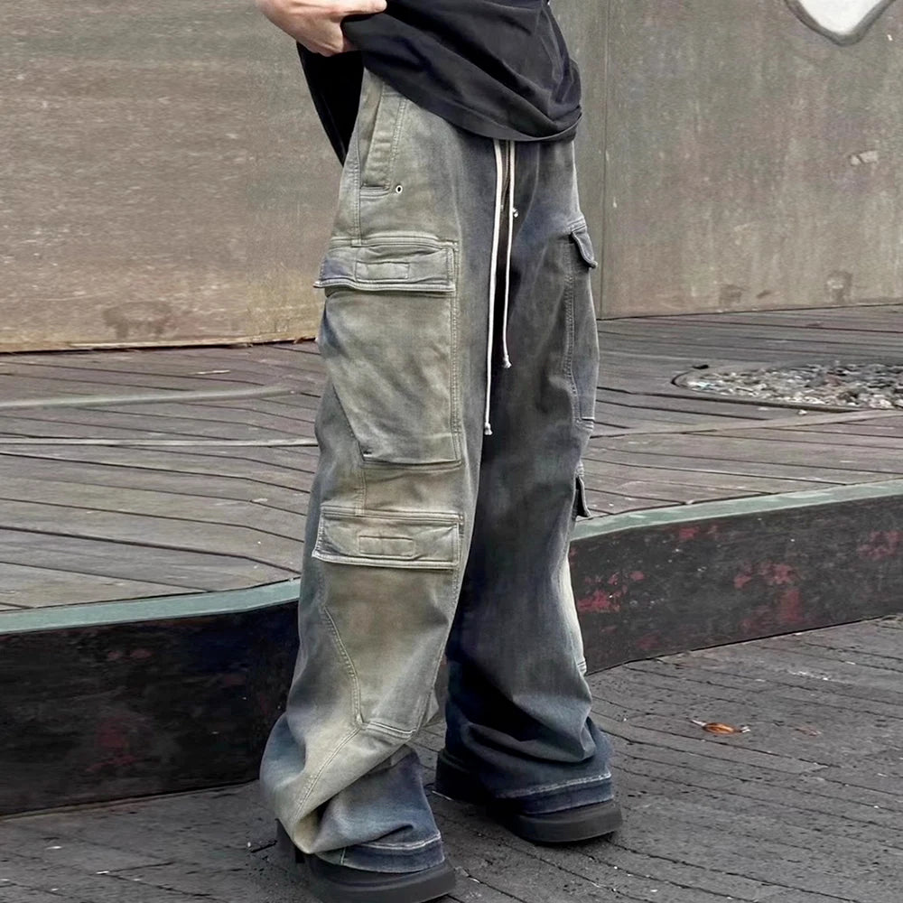 RO Style Gradient Ribbons Multi-pockets Drawstring Jeans for Men