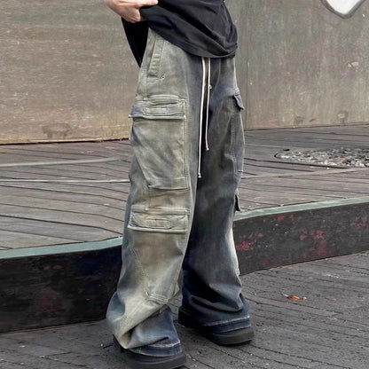 RO Style Gradient Ribbons Multi-pockets Drawstring Jeans for Men