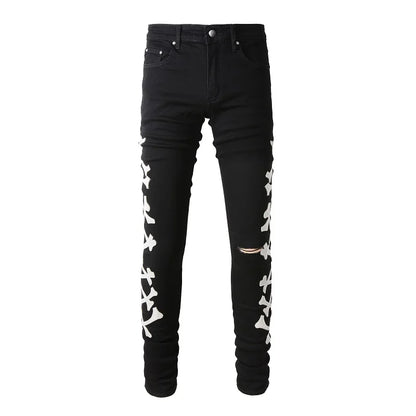Classical White Bones Patchwork High Street Slim Fit Ripped Jeans