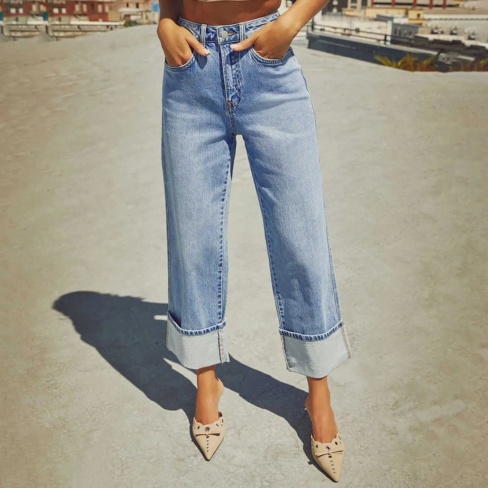 Women'S Casual Blue High Waist Wide Leg Straight Jean Pants New Trendy Loose Versatile Edge Curl Jeans Lady Commute Chic Pant