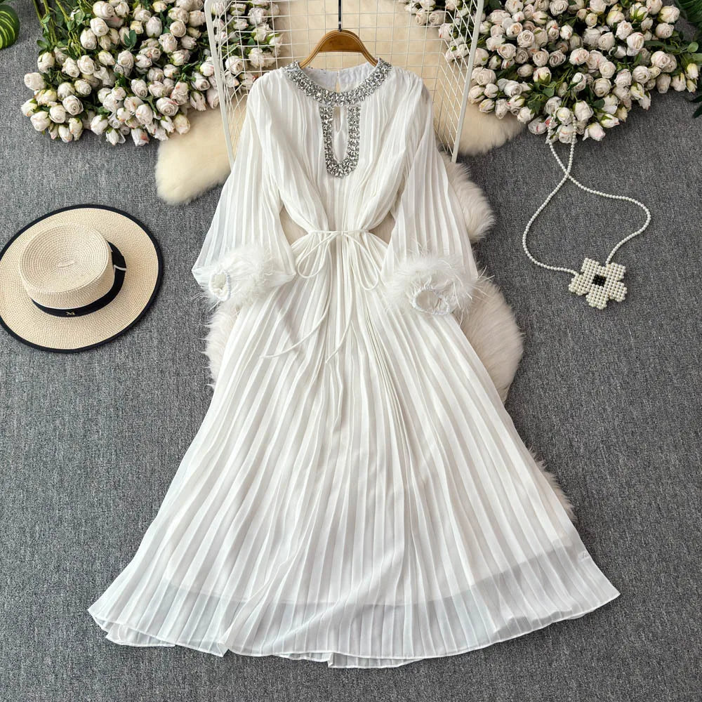 Crystal Loose Full Sleeve Maxi Pleated Chiffon Dress For Women