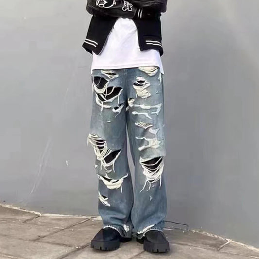 Distressed Washed Blue Baggy Wide Leg Jeans for Men