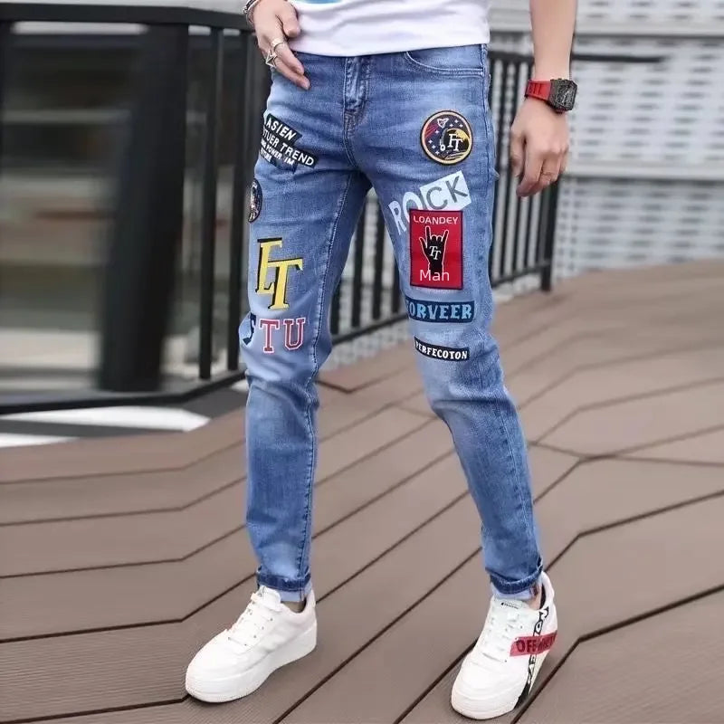 Trendy Personalized Cartoon Printed Pattern Jeans Men Fashion Elastic Slim Fit Small Leg Versatile Casual Long Pants