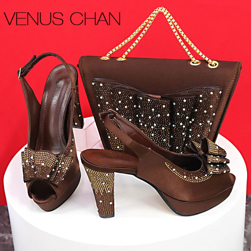 High Quality Yellow Color Fish Beaked Toe Cap Thin Heels Ladies Shoes Matching Bag