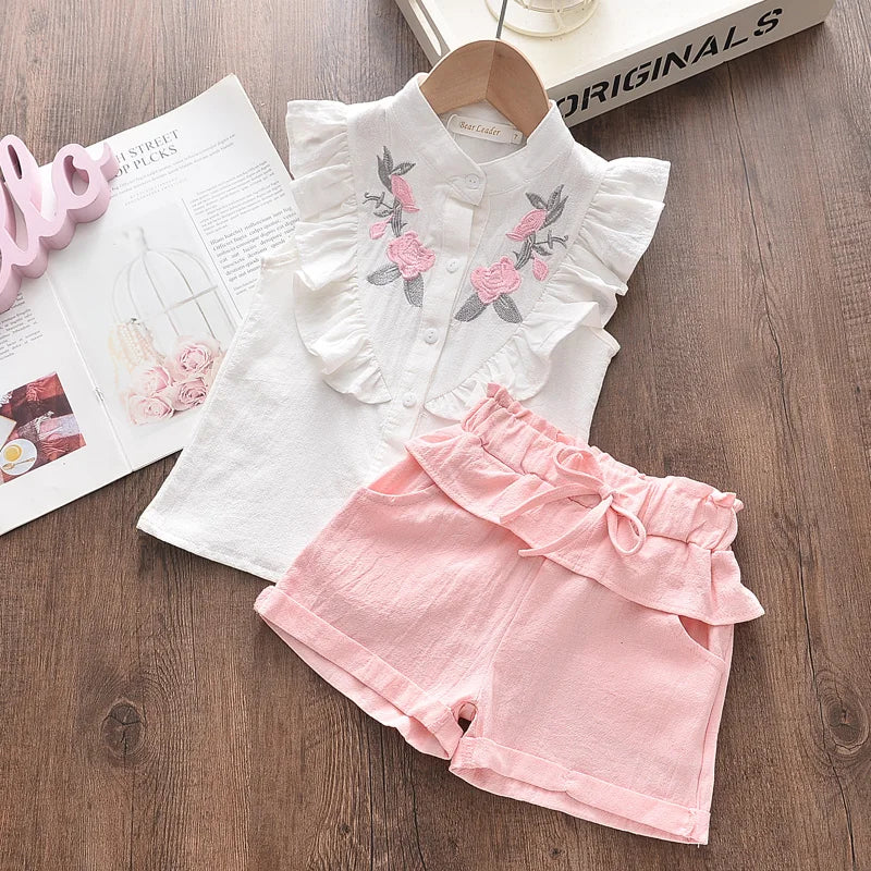 Casual Girl's Embroidered Sleeveless Shirt+Shorts