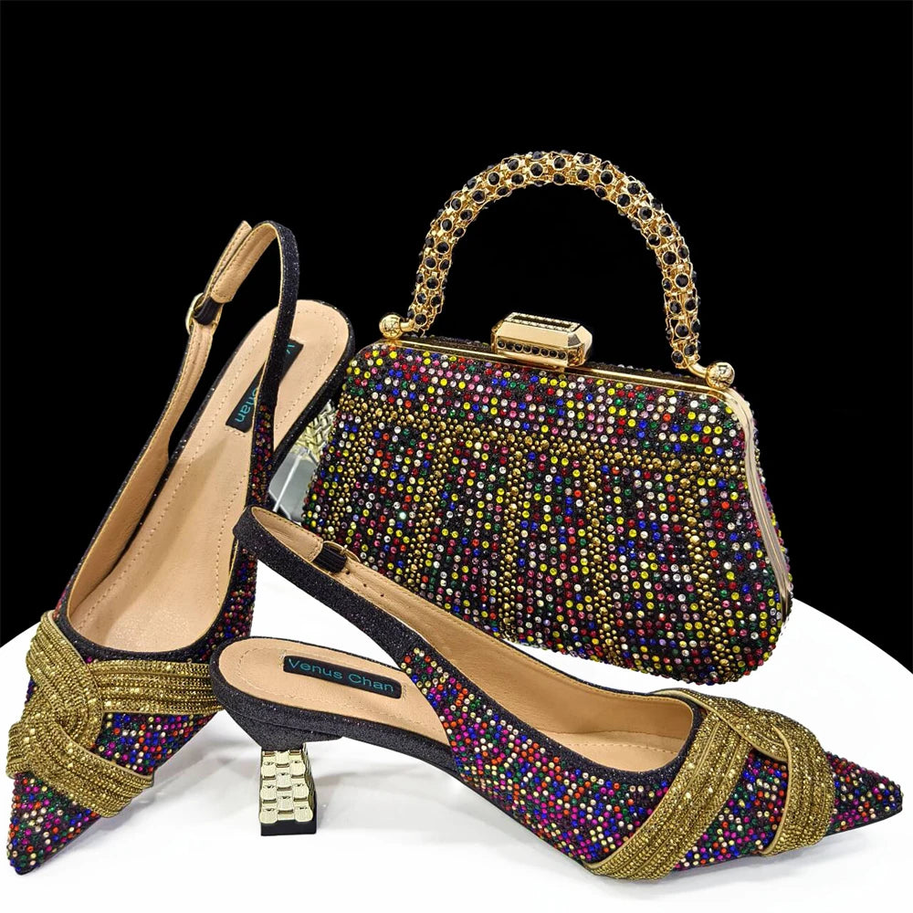 Women Shoes and Bag Set Champagne Color Rhinestone Handbag