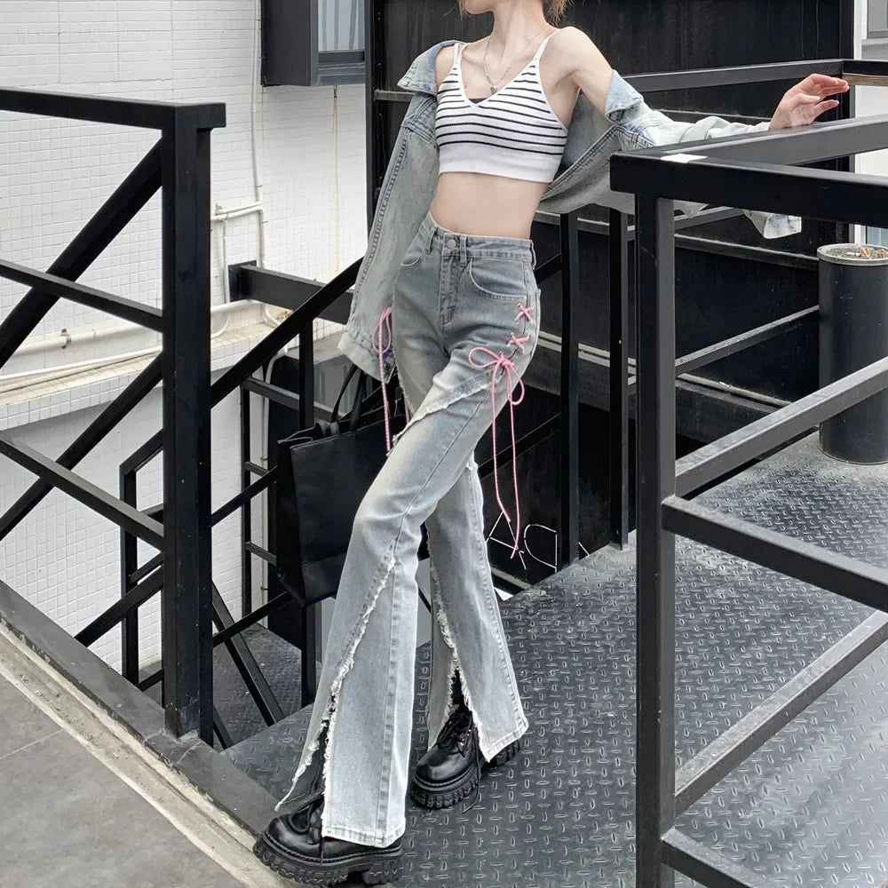 American Style Vintage High-waisted Slimming Jeans For Women Niche Pink Bow Design Sensibility Side Slit Micro Flare Leggings