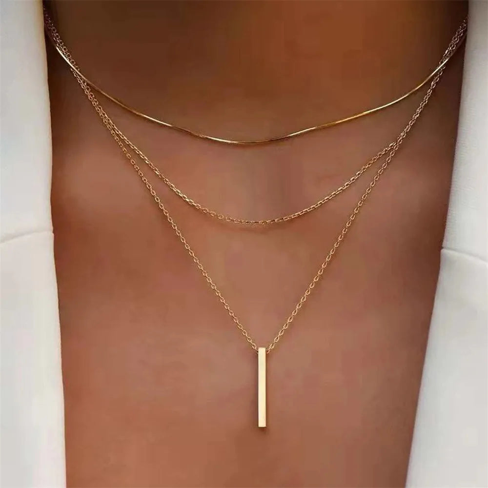 Vintage Layered Metal Bar Pendant Necklace for Women