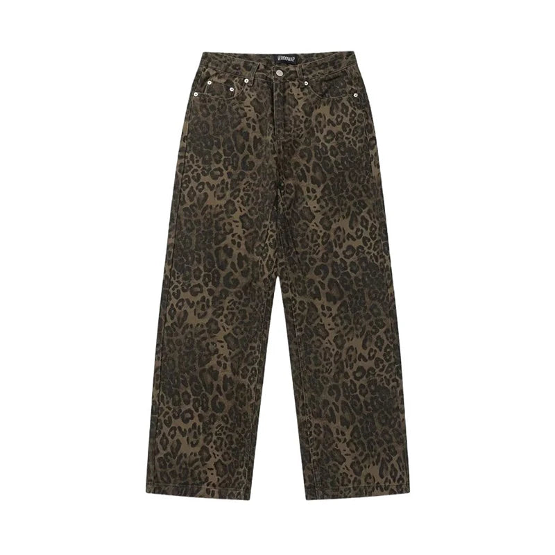 Tan Leopard Jeans Women&Men Denim Pants Female Oversize Wide Leg Trousers Street Wear Hip Hop Vintage Cotton Loose Casual
