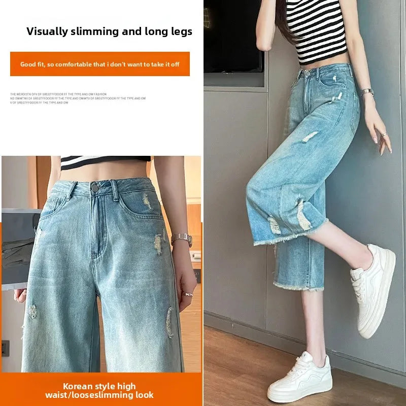 Retro Hole Straight Leg Denim Jeans Women Summer High Waist Loose Slim Small Size Summer Clothes Nostalgic Wide Leg Pants