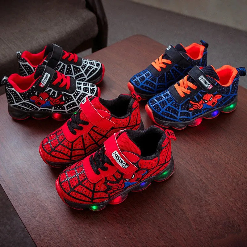2024 Summer Spiderman Kids Sneakers Disney Children's Led Light Shoes  Boys Breathable Sport Casual Shoes Anti-slip Girls Shoes
