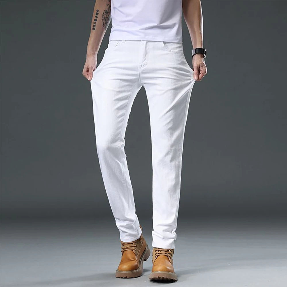 2025 Autumn Men's White Slim Fit Straight Jeans Casual Stretch Denim Pants Comfortable Fashion Streetwear Male Brand Clothing