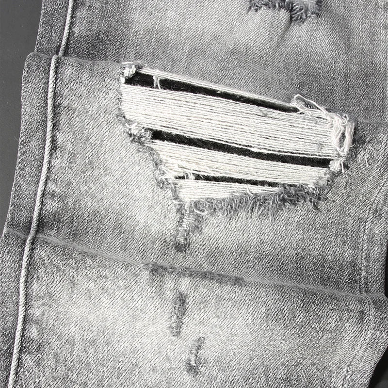 Men Jeans Retro Gray Elastic Stretch Skinny Ripped Jeans