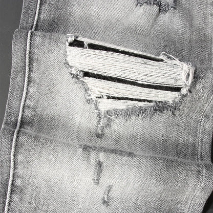 Men Jeans Retro Gray Elastic Stretch Skinny Ripped Jeans