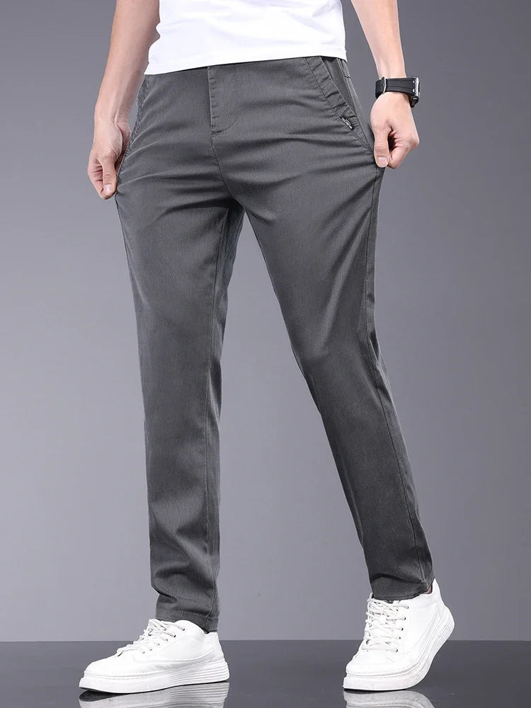 Lyocell Fabric Summer Thin Men's Casual Pants Slim Straight Elastic Waist Solid Color Business Work Trousers Brand Clothes