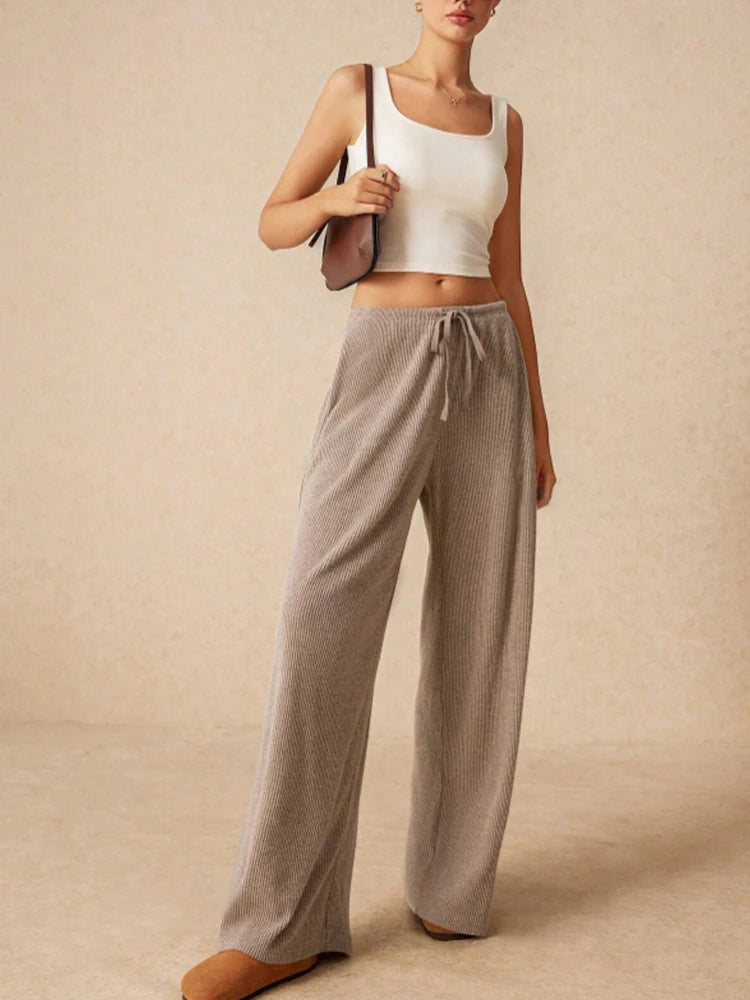 Women's Casual Slim, Simple and Comfortable Daily Versatile Solid Color Drawstring Straight Wide-Leg Trousers