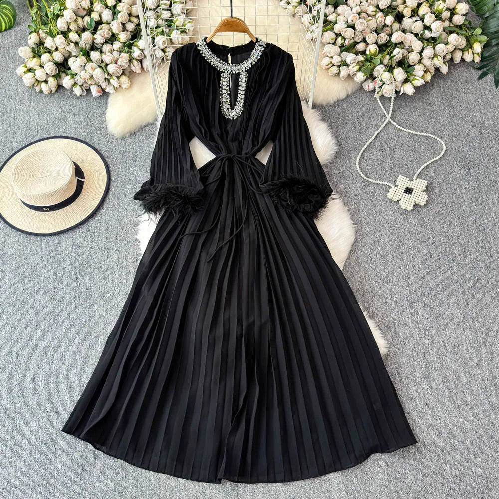 Crystal Loose Full Sleeve Maxi Pleated Chiffon Dress For Women